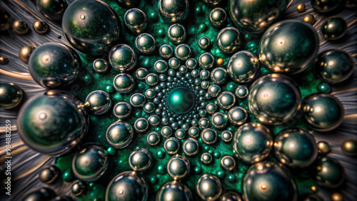 A mesmerizing abstract green background featuring spiral of metallic spheres, creating sense of depth and intrigue. interplay of light and shadow enhances visual appeal