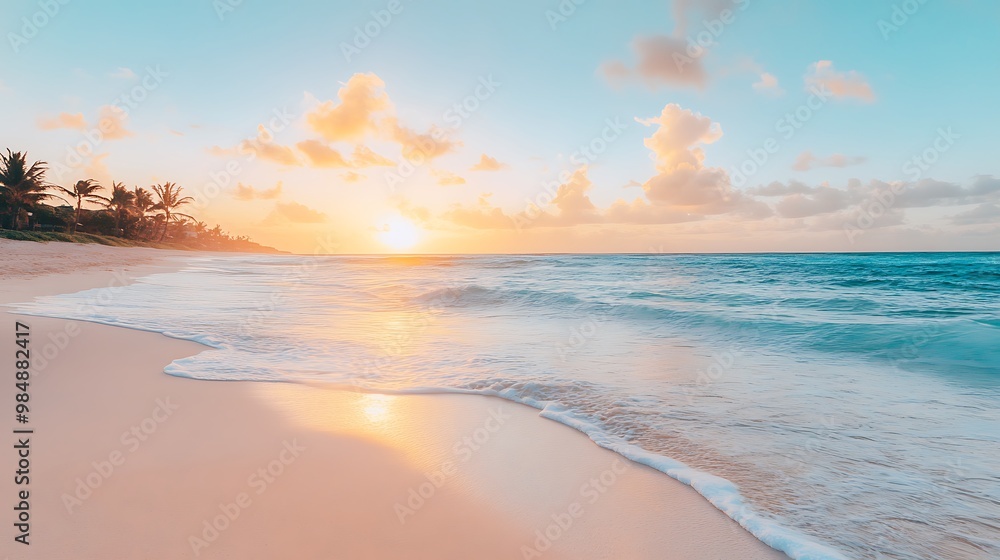 Obraz premium A serene beach background with gentle waves and a vibrant sunset in the distance