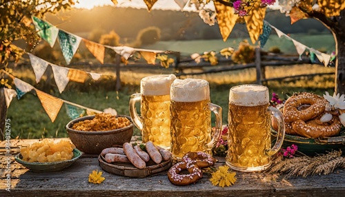 A picturesque Octoberfest celebration: a rustic wooden table brimming with golden beer steins, warm pretzels, and sizzling sausages, surrounded by colorful decorations and vibrant autumn leaves. photo