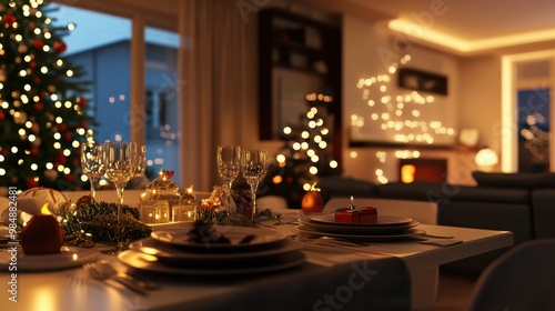 Table served for Christmas dinner. Living room decorated with lights and Christmas tree. AI generated