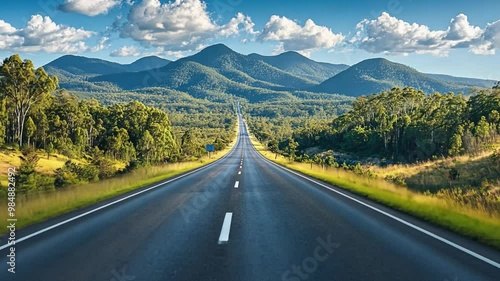 Long empty road leading to mountains through australian landscape