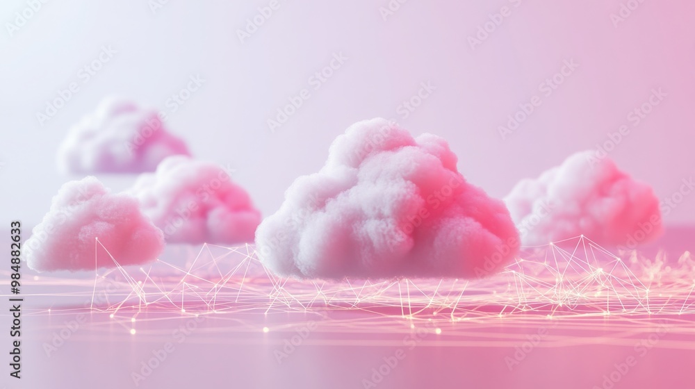 A 3D model of soft, pastel-colored clouds floating over a network of gently glowing lines, representing cloud computing A 3D model of soft, pastel-colored clouds floating over a network of gently glowing lines, representing cloud computing