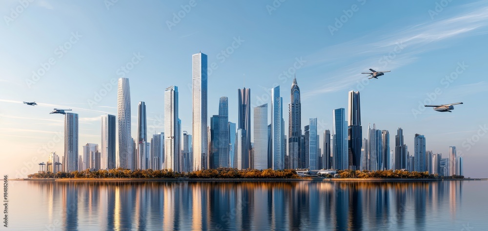 Urban Serenity Modern Skyscraper City Reflection in Calm Waters at Sunset - Futuristic Cityscape with Flying Cars and Golden Hour Glow Urban Serenity Modern Skyscraper City Reflection in Calm Waters at Sunset - Futuristic Cityscape with Flying Cars and Golden Hour Glow