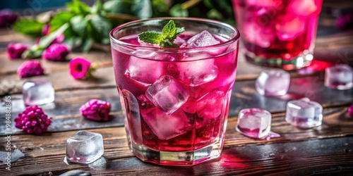 Refreshing Iced Pink Drink with Mint, Ice Cubes and Pink Flowers, Summer, Pink, Beverage