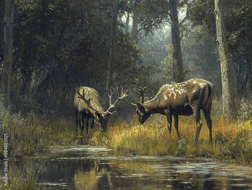 Two Stags Drinking from a Forest Stream