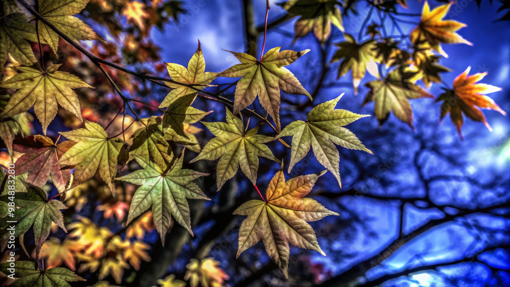 Autumn leaves create vibrant backdrop, showcasing mix of green, yellow, and orange hues against blue sky. beauty of nature is captured in this serene moment Autumn leaves create vibrant backdrop, showcasing mix of green, yellow, and orange hues against blue sky. beauty of nature is captured in this serene moment