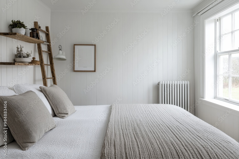 Fototapeta premium Tranquil Minimalist Bedroom with White Linen Bed and Textured Throw, Contemporary Interior Design Concept, Serene Home Decor Inspiration