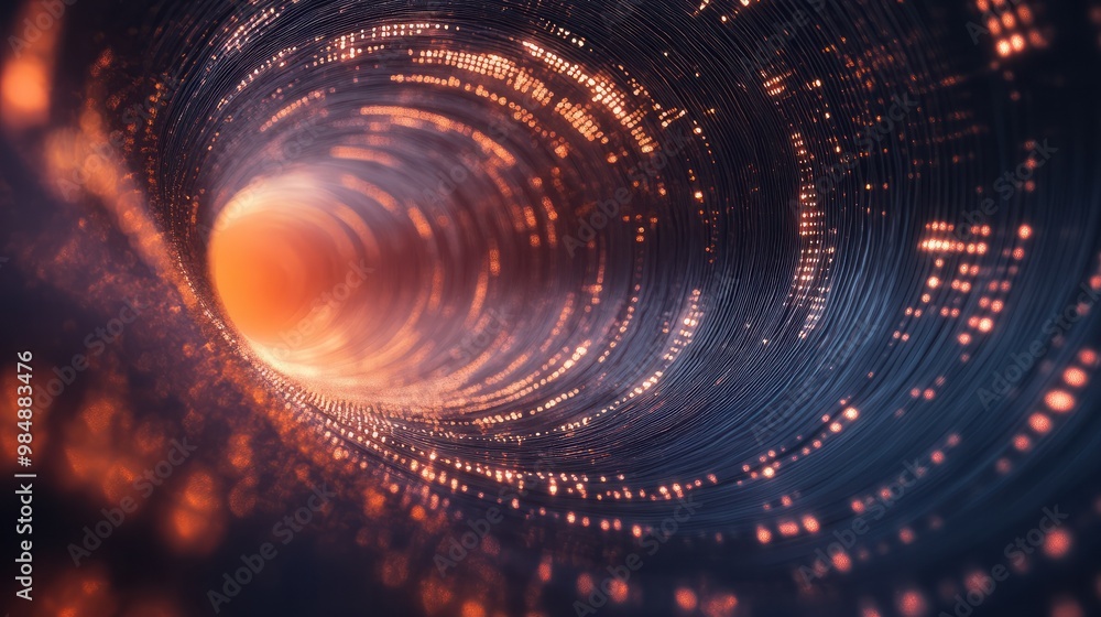 Obraz premium 3D Rendering of abstract wire cable tunnel with digital binary data transmitting. Depth of field effect. Inside AI concept. Technology, machine learning, big data, virtualization. Product background