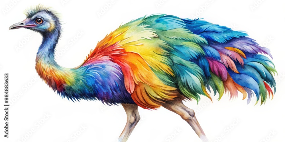 Obraz premium Watercolor Cassowary with Rainbow Feathers, vibrant, exotic, bird