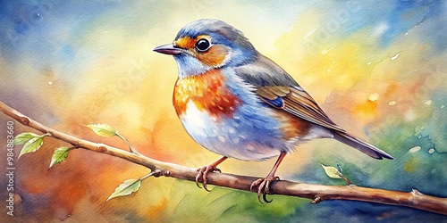 Watercolor Bird on Branch, ...