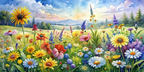 Watercolor Meadow with Sunf...