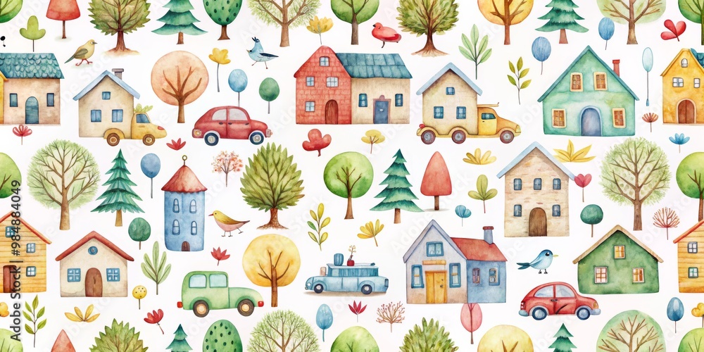 Watercolor Seamless Pattern with Houses, Trees, and Cars, Watercolor, Seamless Pattern, Houses, Trees Watercolor Seamless Pattern with Houses, Trees, and Cars, Watercolor, Seamless Pattern, Houses, Trees