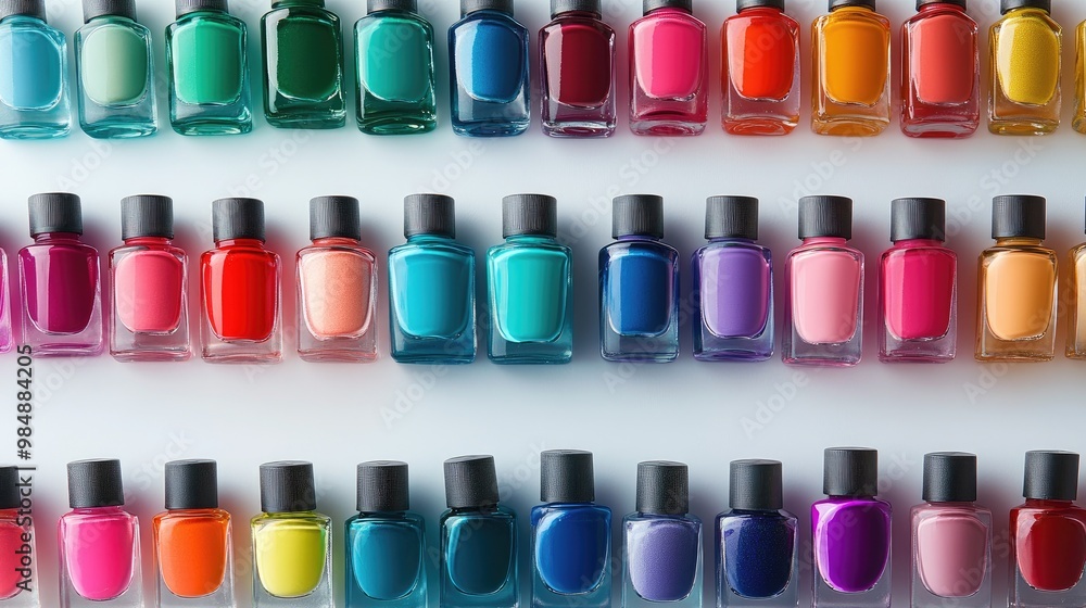 A vibrant display of colorful nail polishes and nail care products, arranged neatly on a white background, highlighting their variety and appeal. A vibrant display of colorful nail polishes and nail care products, arranged neatly on a white background, highlighting their variety and appeal.