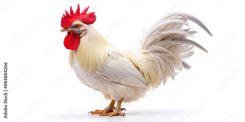 Fototapeta premium White Rooster with Red Comb, isolated on white, studio shot, single rooster, white background, poultry, animal