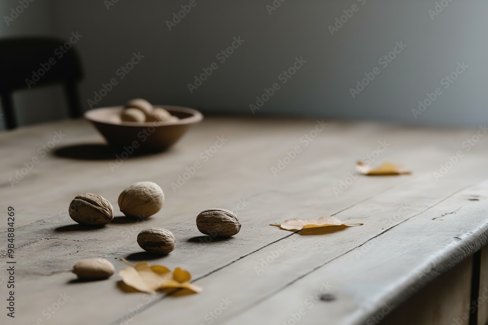 Walnuts and Autumn Leaves on Rustic Wooden Table: Fall Harvest and Natural Food Walnuts and Autumn Leaves on Rustic Wooden Table: Fall Harvest and Natural Food