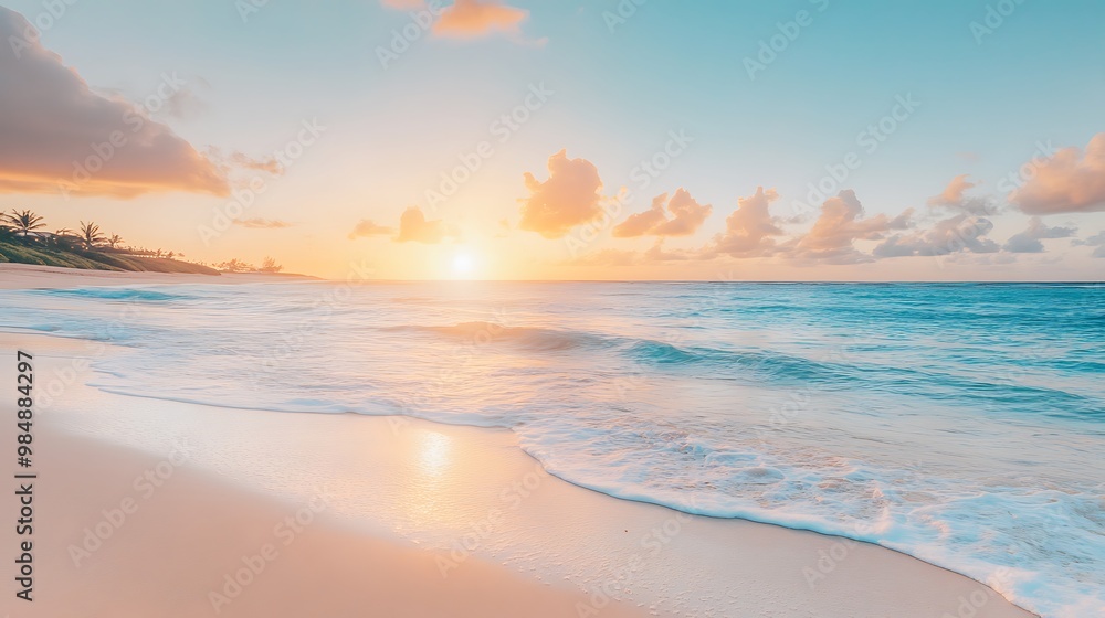 Obraz premium A serene beach background with gentle waves and a vibrant sunset in the distance