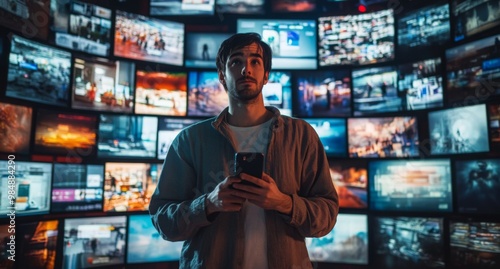 Portrait of Caucasian Man Using Smartphone in Metaverse With Animated Stream Of Interfaces With Social Media, e-Commerce Shopping, Internet Influencers And Games. Visualization Of Web Network.