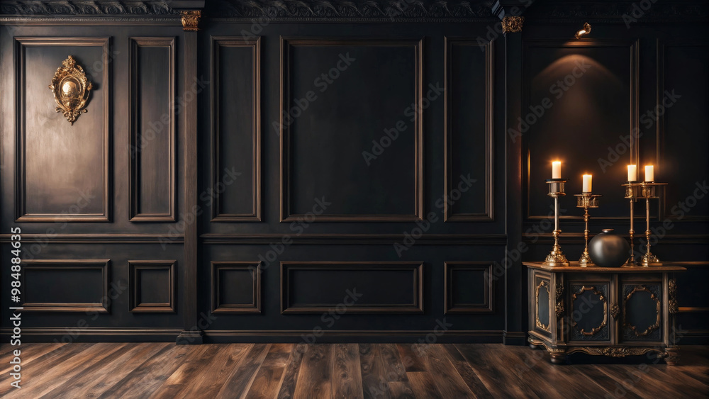 Elegant black wall background with ornate details and candle holders, creating sophisticated atmosphere. rich textures and warm lighting enhance luxurious feel of space Elegant black wall background with ornate details and candle holders, creating sophisticated atmosphere. rich textures and warm lighting enhance luxurious feel of space