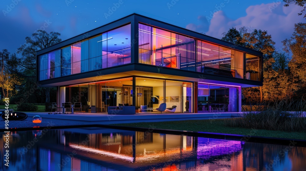 Modern villa with colored led lights at night Modern villa with colored led lights at night