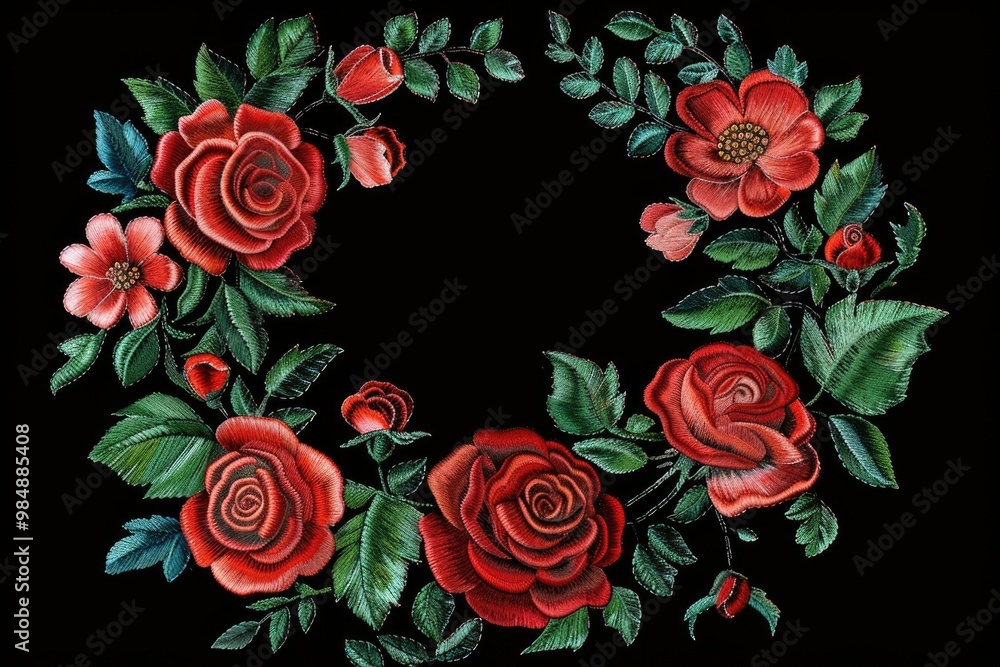 Vector embroidered rose wreath for textile decor on black background. Vector embroidered rose wreath for textile decor on black background.