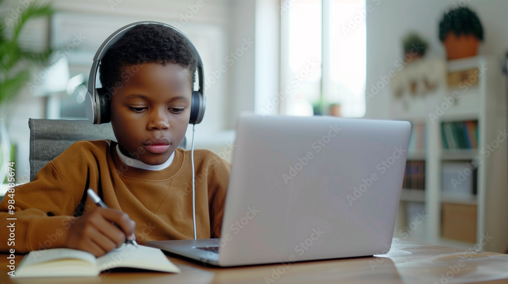 A black school boy in headphones during online lesson at home sits at laptop listens to the teacher and makes notes in notebook, sitting at the work. Online lesson, distance learning, home schooling. A black school boy in headphones during online lesson at home sits at laptop listens to the teacher and makes notes in notebook, sitting at the work. Online lesson, distance learning, home schooling.