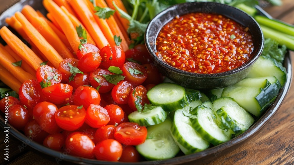 A vibrant platter of fresh vegetables including carrots, cucumber, and cherry tomatoes, served with a bowl of spicy chili paste for dipping A vibrant platter of fresh vegetables including carrots, cucumber, and cherry tomatoes, served with a bowl of spicy chili paste for dipping