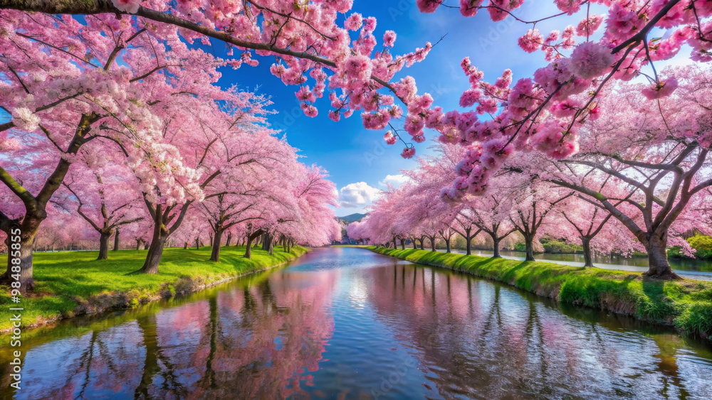 A serene view of cherry blossoms lining tranquil river, creating picturesque scene filled with vibrant pink hues and lush greenery. reflection in water enhances beauty of this springtime landscape A serene view of cherry blossoms lining tranquil river, creating picturesque scene filled with vibrant pink hues and lush greenery. reflection in water enhances beauty of this springtime landscape