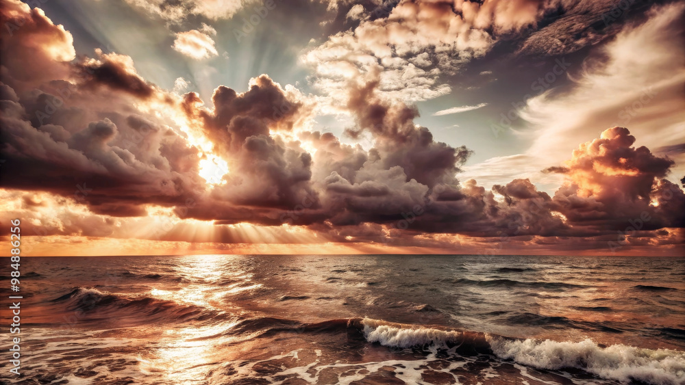 Breathtaking clouds over sea create stunning sunset scene, with rays of sunlight piercing through dramatic sky, reflecting beautifully on ocean waves Breathtaking clouds over sea create stunning sunset scene, with rays of sunlight piercing through dramatic sky, reflecting beautifully on ocean waves