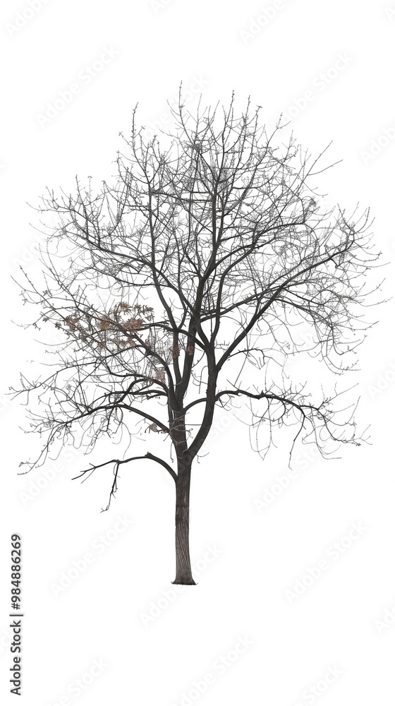 A bare tree stands tall against a white background, its branches reaching towards the sky. A bare tree stands tall against a white background, its branches reaching towards the sky.
