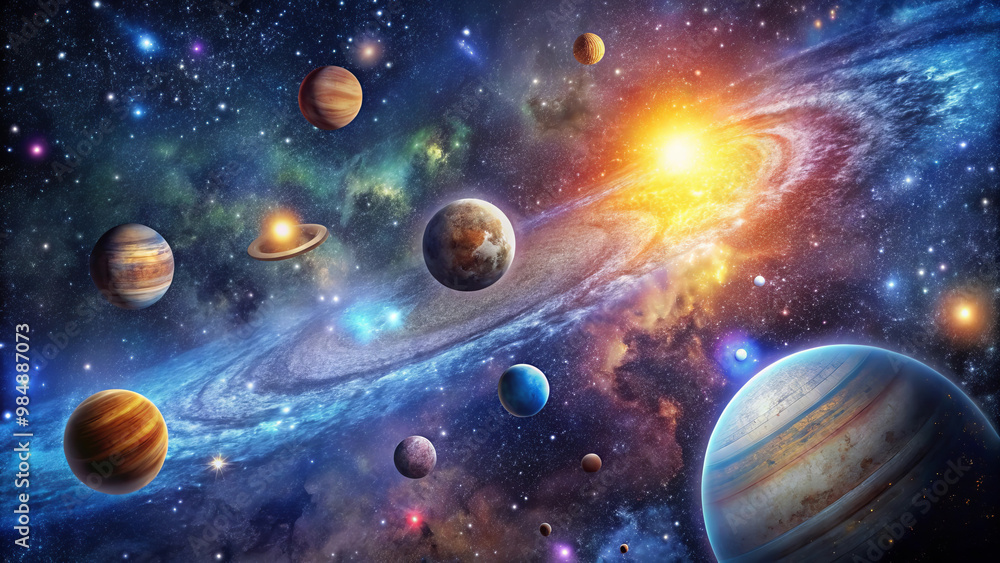 A stunning cosmic scene featuring vibrant galaxy with various planets, stars, and radiant sun. colorful nebulae and celestial bodies create sense of wonder and exploration A stunning cosmic scene featuring vibrant galaxy with various planets, stars, and radiant sun. colorful nebulae and celestial bodies create sense of wonder and exploration