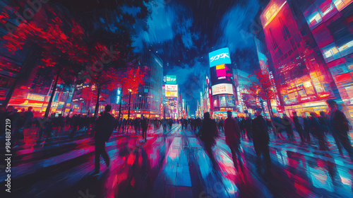 Shibuya crossing in tokyo, neon night city colors, illustration. generative ai. Neon District. Illustration