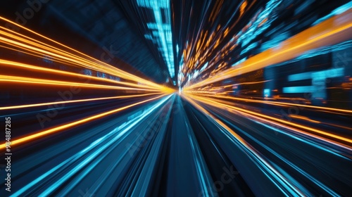 Abstract blur of neon lights and streaks in a city tunnel, signifying speed and motion.