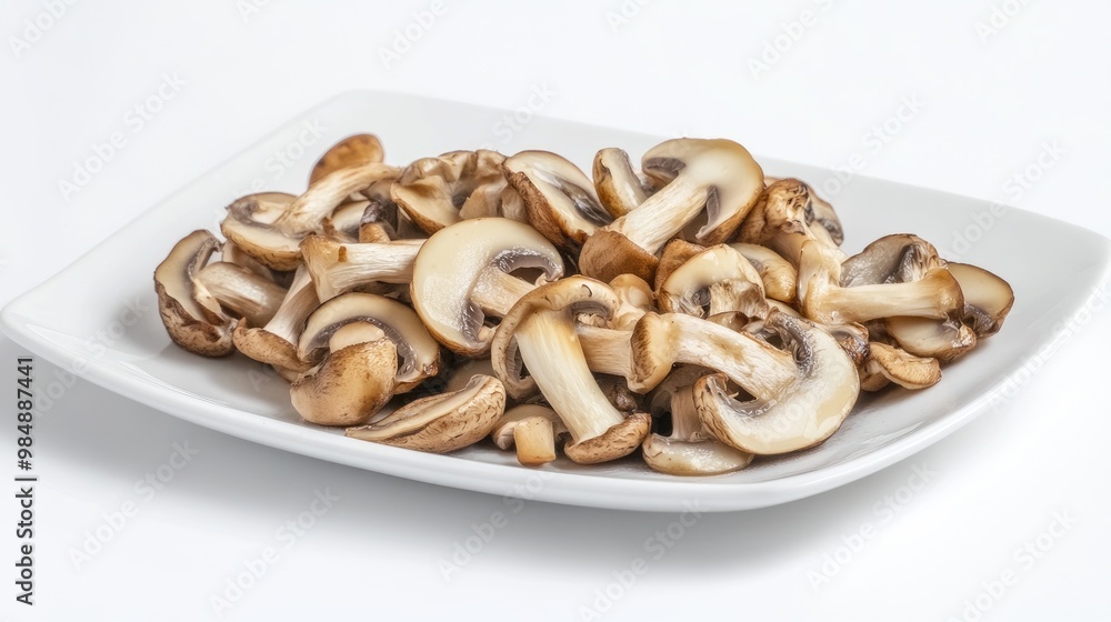A white plate with a neatly arranged serving of cooked Eringi mushrooms, with the focus on their golden-brown color and texture against the white backdrop. A white plate with a neatly arranged serving of cooked Eringi mushrooms, with the focus on their golden-brown color and texture against the white backdrop.