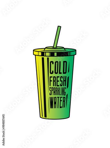 Fast food plastic cup with straw. Hot or cold drink. Original vector illustration in vintage style.