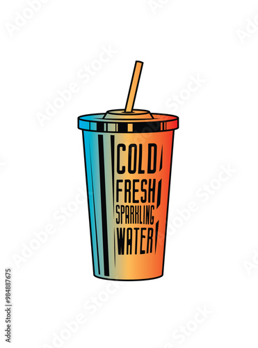Fast food plastic cup with straw. Hot or cold drink. Original vector illustration in vintage style.