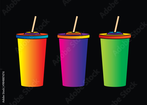 Fast food plastic cup with straw. Hot or cold drink. Original vector illustration in vintage style.