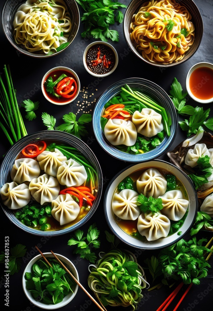 colorful bowls steaming dumplings noodles served fresh vegetables aromatic herbs, food, meal, appetizer, asian, cuisine, plate, broth, soup, spicy, flavor colorful bowls steaming dumplings noodles served fresh vegetables aromatic herbs, food, meal, appetizer, asian, cuisine, plate, broth, soup, spicy, flavor