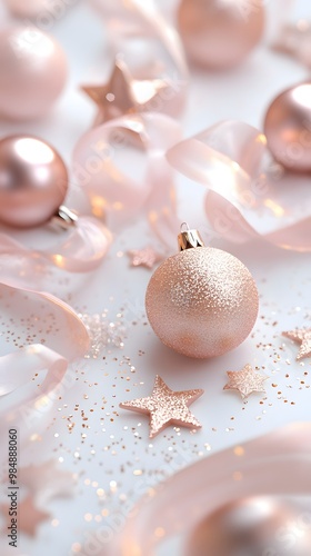 White background, golden and pink glittery ornaments with ribbons and stars scattered around, shiny white ceramic surfac photo