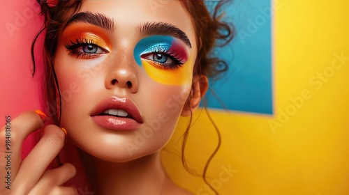 A woman with an artistic and bold makeup style, featuring colorful eyeshadow and unique eyeliner designs, confidently posing in a creative and vibrant environment.