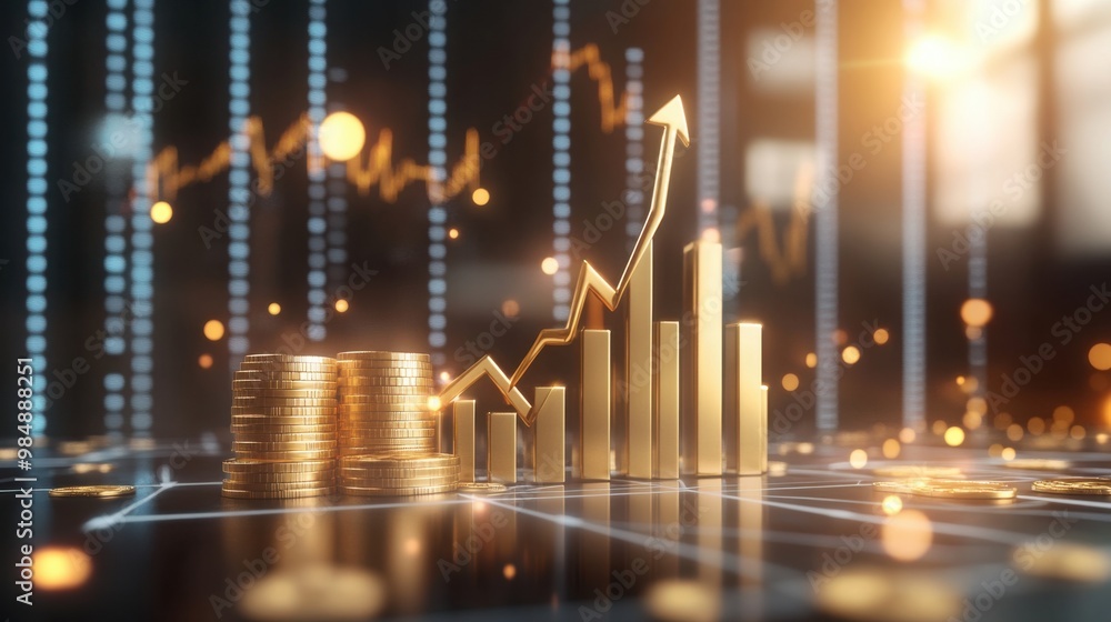 graph with upward arrow, gold coins and financial symbols graph with upward arrow, gold coins and financial symbols