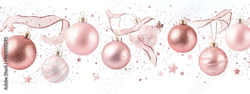 White background, golden and pink glittery ornaments with ribbons and stars scattered around, shiny white ceramic surfac photo