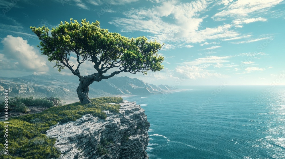 A single ancient tree on a cliff overlooking a vast ocean