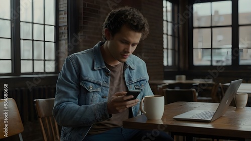 Morning Routine Man with Coffee and Smartphone