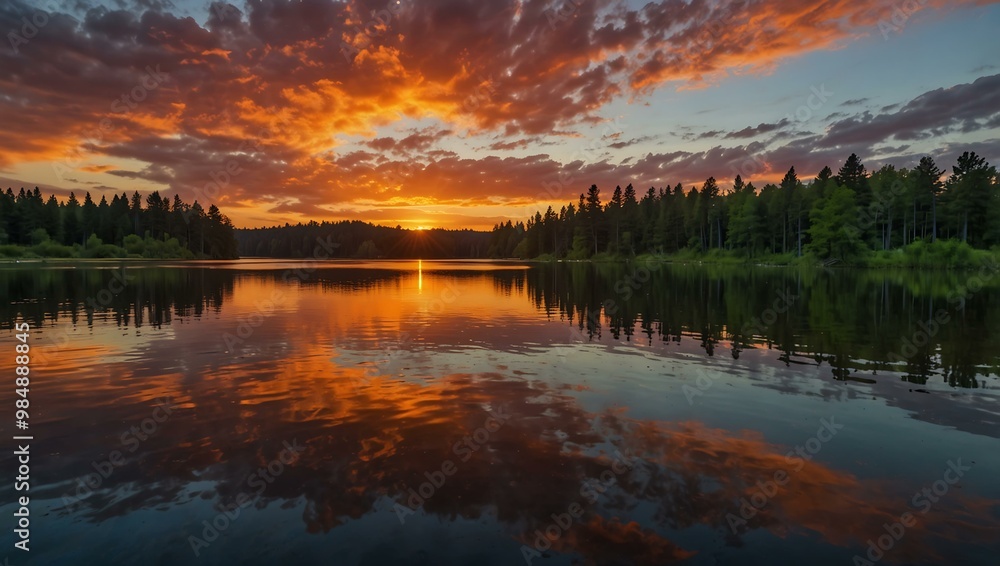 Vibrant sunset over a serene lake with colorful reflections. Vibrant sunset over a serene lake with colorful reflections.
