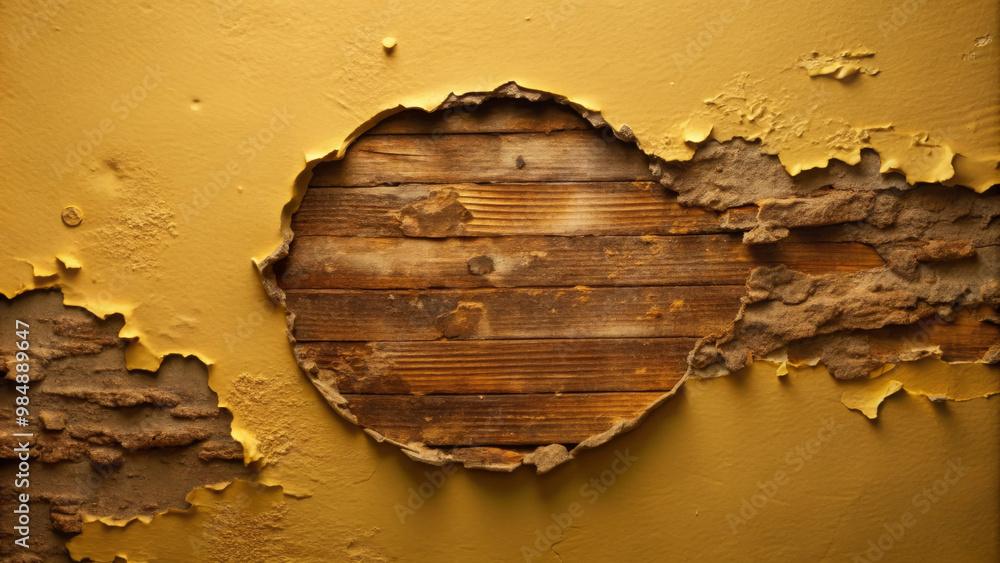Obraz premium A textured wall with peeling yellow paint reveals circular section of exposed wood underneath, creating striking contrast. weathered look adds sense of history and character