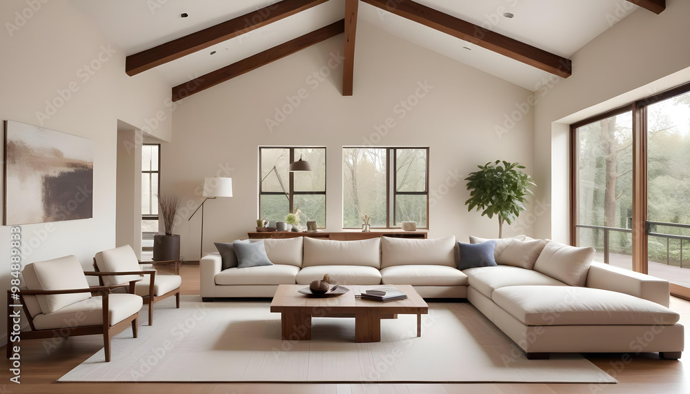 Fototapeta premium Bright and airy living room with a white sectional sofa, wooden accents, large windows, and minimalist decor in soft neutral tones. 