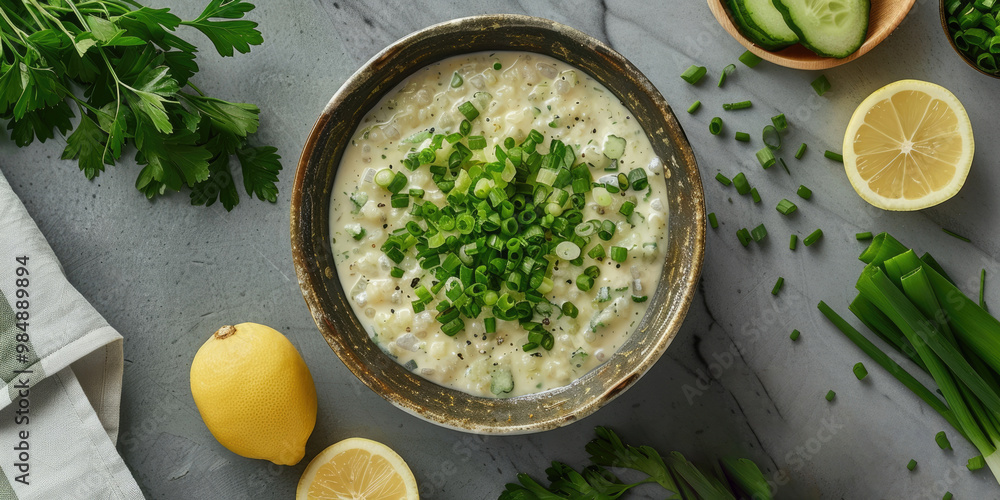 a small round saucer with French tartar sauce, cooking ingredients, sour cream and cucumbers, top view, dark background a small round saucer with French tartar sauce, cooking ingredients, sour cream and cucumbers, top view, dark background