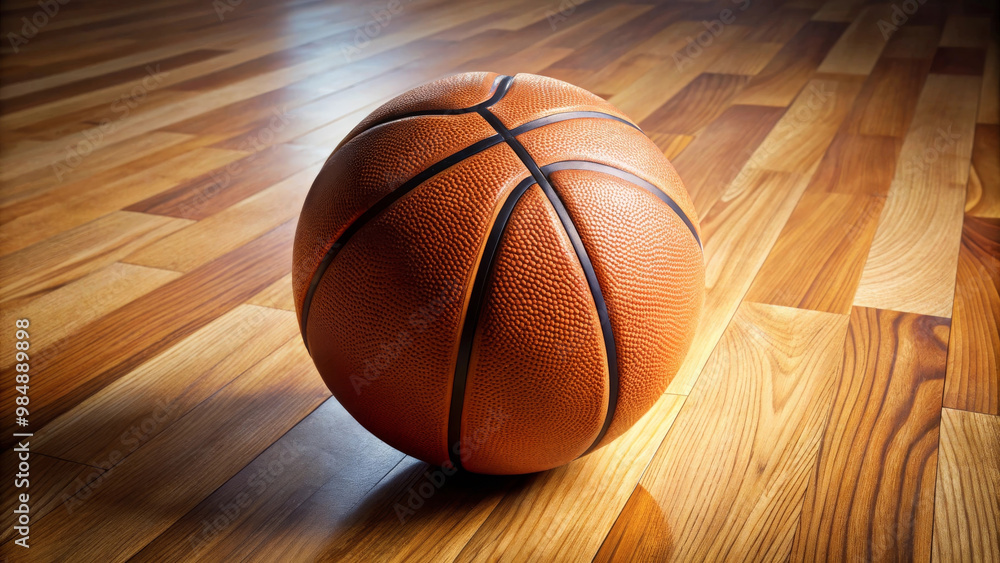 A basketball rests on polished hardwood floor, showcasing its textured surface and vibrant orange color. warm tones of wood create welcoming atmosphere for sports enthusiasts A basketball rests on polished hardwood floor, showcasing its textured surface and vibrant orange color. warm tones of wood create welcoming atmosphere for sports enthusiasts