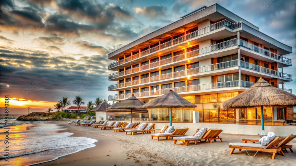 A stunning beach hotel with modern design, featuring multiple floors and large windows. sunset casts warm glow, enhancing serene atmosphere of sandy shore A stunning beach hotel with modern design, featuring multiple floors and large windows. sunset casts warm glow, enhancing serene atmosphere of sandy shore