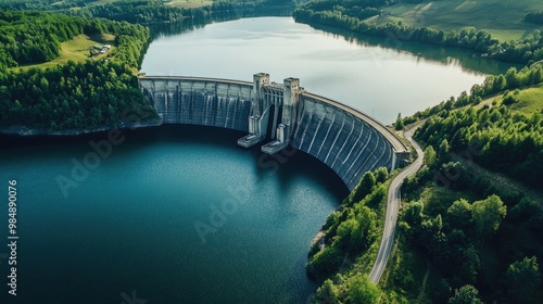 An aerial view of a sprawling dam and its reservoir, with the dam engineering details and the expansive body of water clearly visible from above